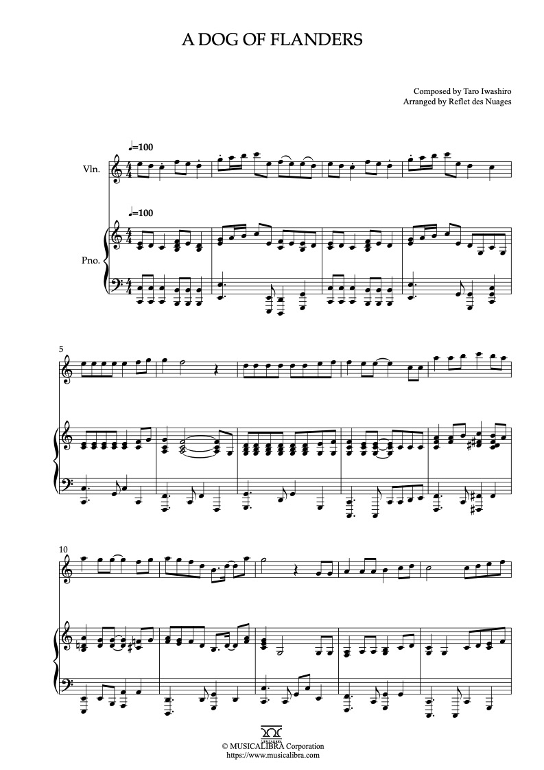 Sheet music of A Dog of Flanders OST arranged for violin and piano duet chamber ensemble preview page 1