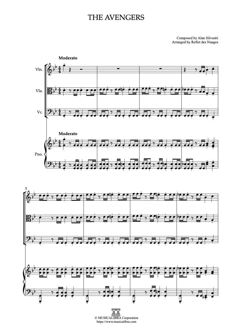 Partitura de The Avengers arreglada para cuarteto de violín, viola, violonchelo y piano