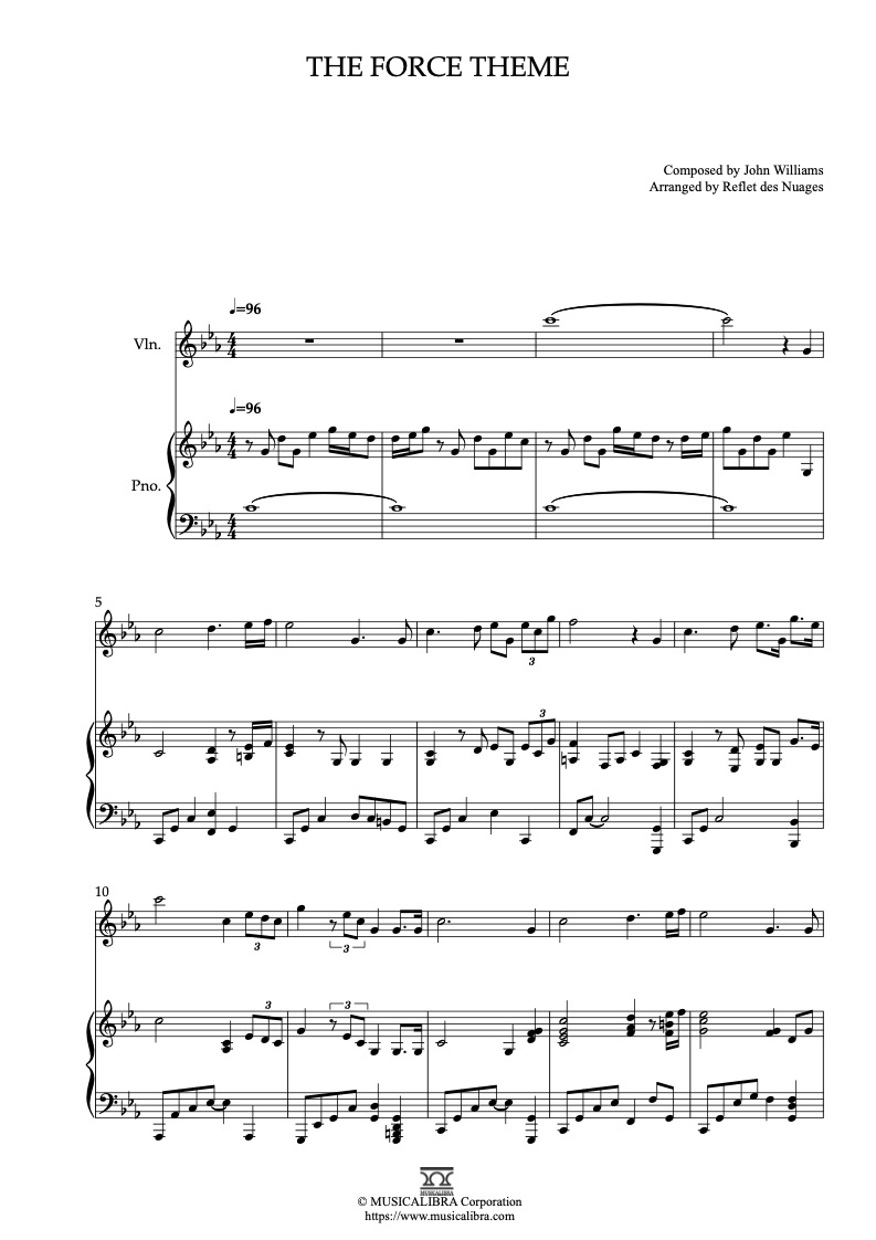 Partitura de StarWars The Force Theme arreglada para dueto de violín y piano