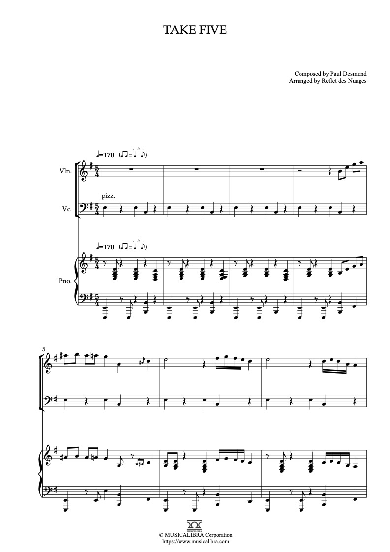 Sheet music of Take Five arranged for violin, cello and piano trio chamber ensemble preview page 1