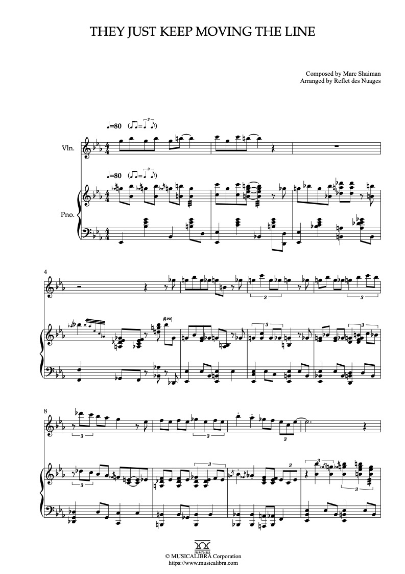 Sheet music of SMASH They Just Keep Moving the Line arranged for violin and piano duet chamber ensemble preview page 1