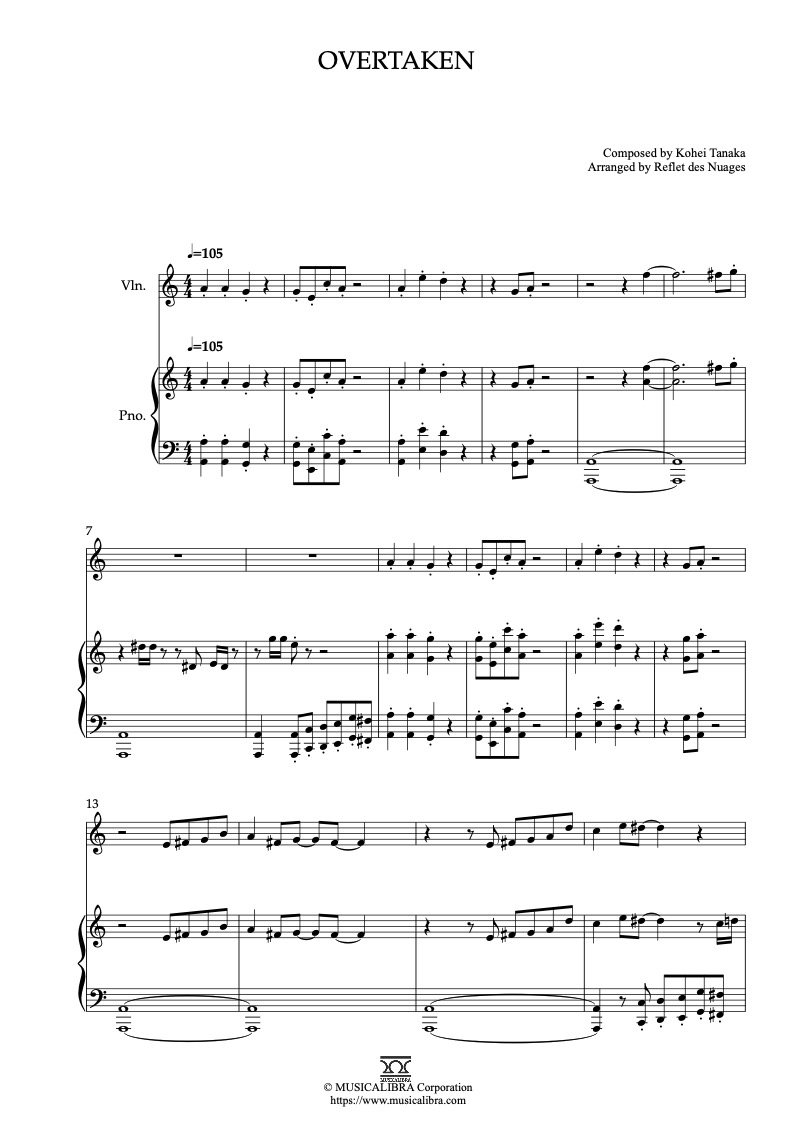 Partitura de One Piece Overtaken arreglada para dueto de violín y piano