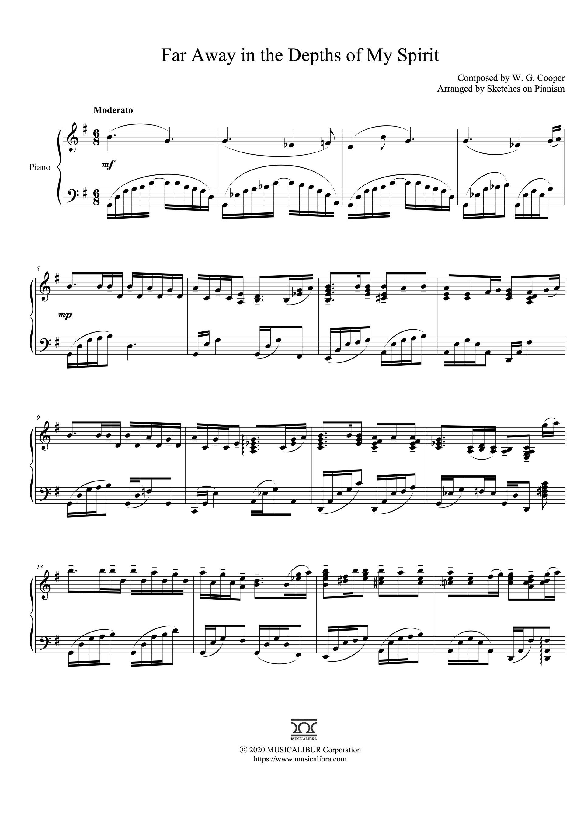 Sheet music of Far Away in the Depths of My Spirit arranged for piano solo preview page 1