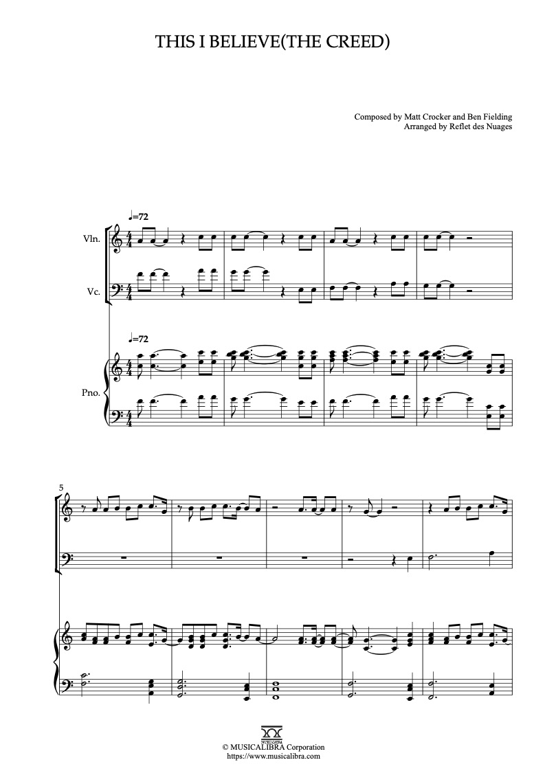 This I Believe(The Creed) 編曲楽譜 - ヴァイオリン、チェロ、ピアノトリオ