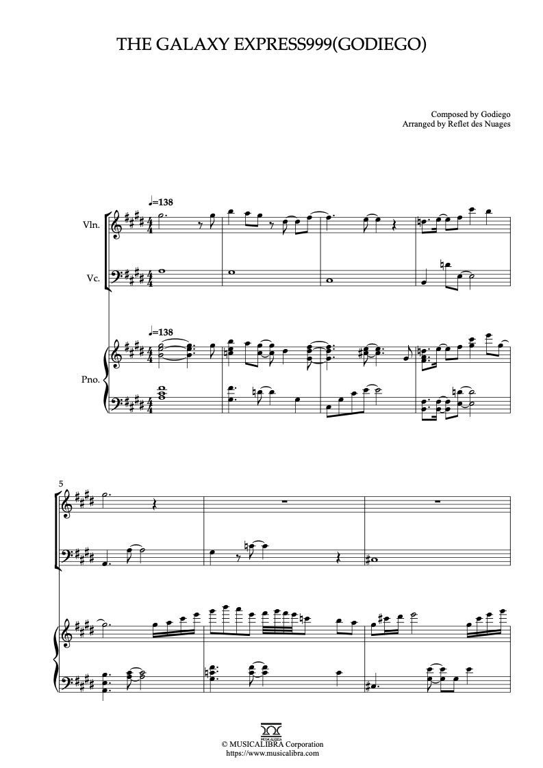 Partitura de The Galaxy Express999(Godiego) arreglada para trío de violín, violonchelo y piano
