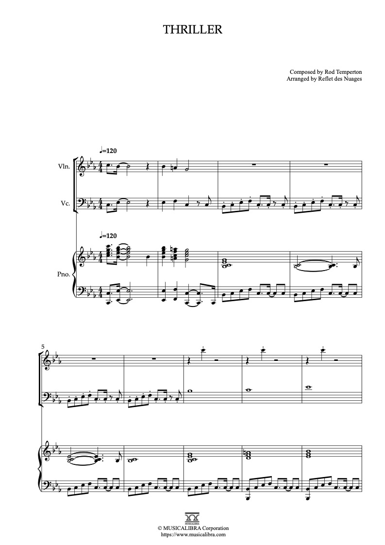 Partitura de Michael Jackson Thriller arreglada para trío de violín, violonchelo y piano