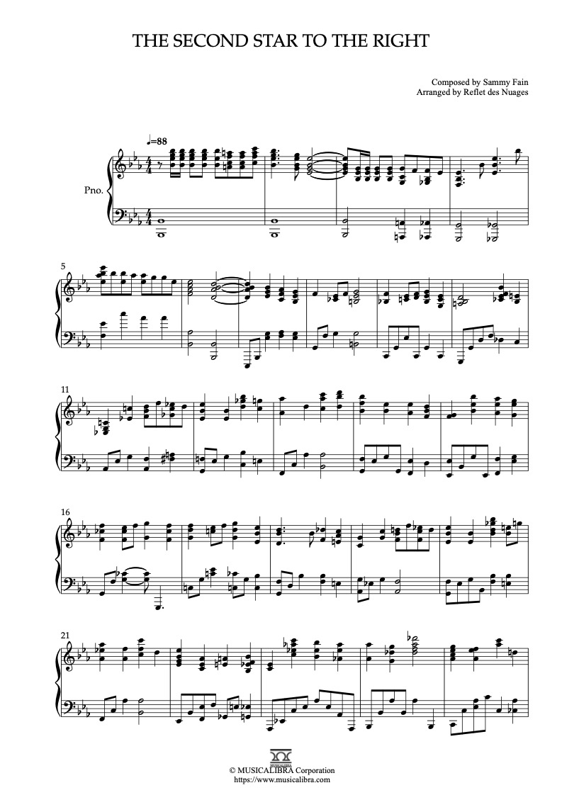 Sheet music of Peter Pan The Second Star to the Right arranged for piano solo preview page 1