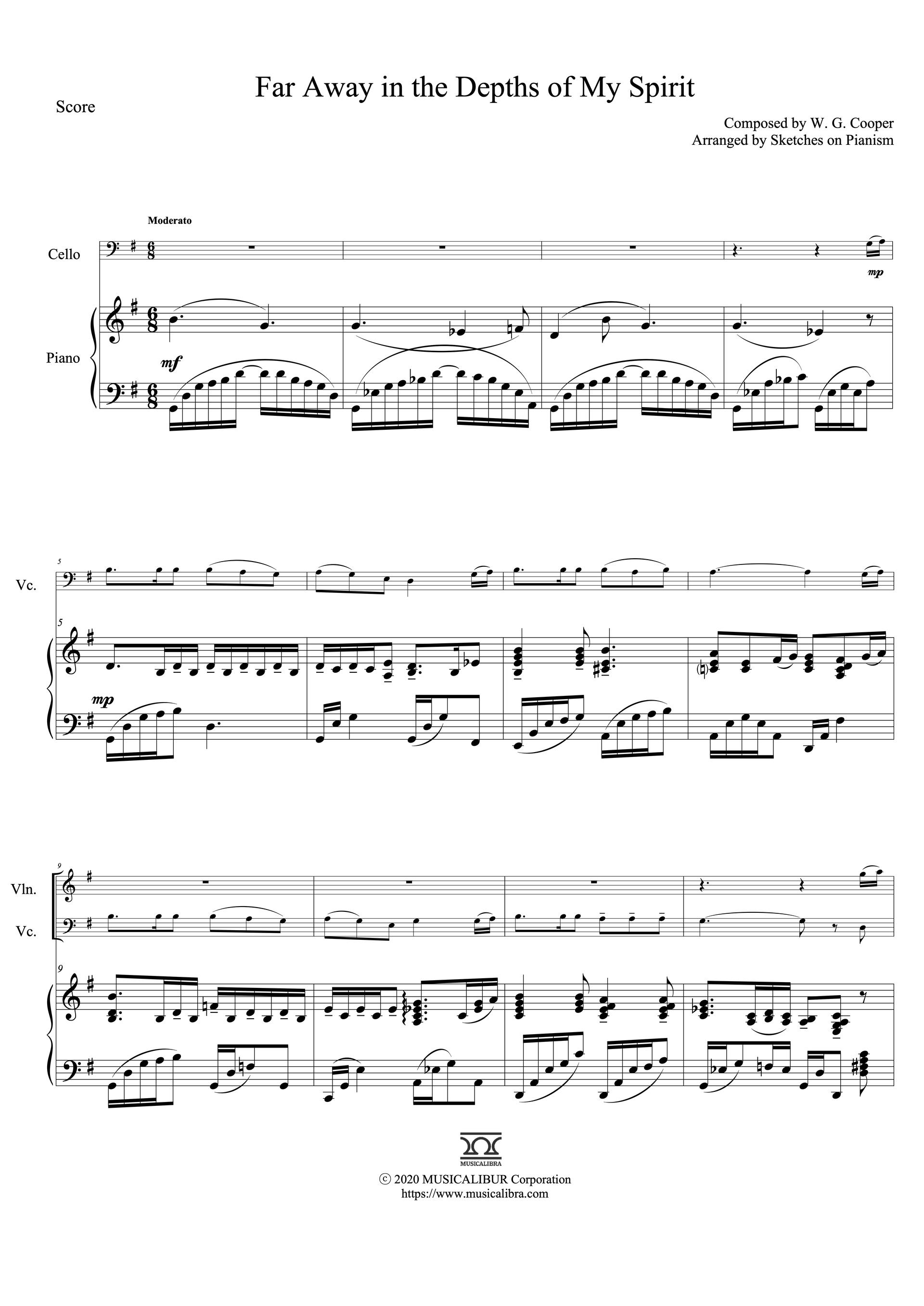 Sheet music of Far Away in the Depths of My Spirit arranged for violin, cello and piano trio preview page 1