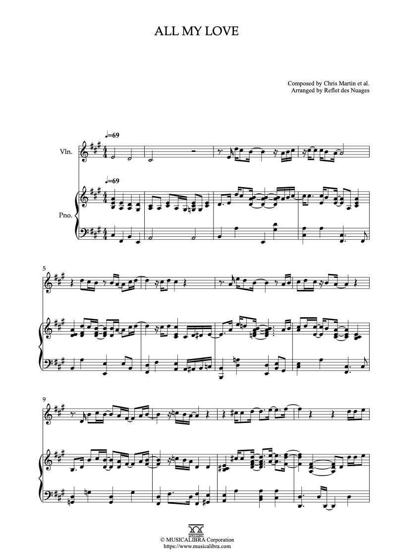 Sheet music of Coldplay ALL MY LOVE arranged for violin and piano duet chamber ensemble preview page 1