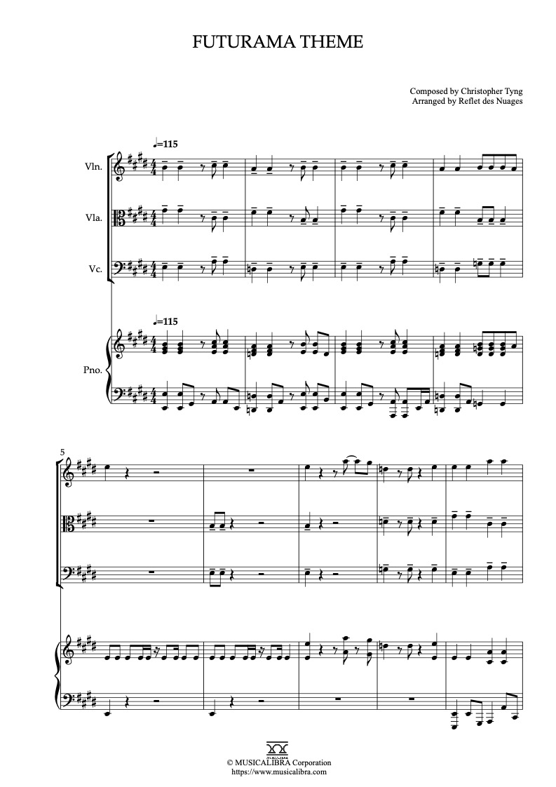 Futurama Theme 四重奏 乐谱 - 小提琴, 中提琴, 大提琴, 钢琴