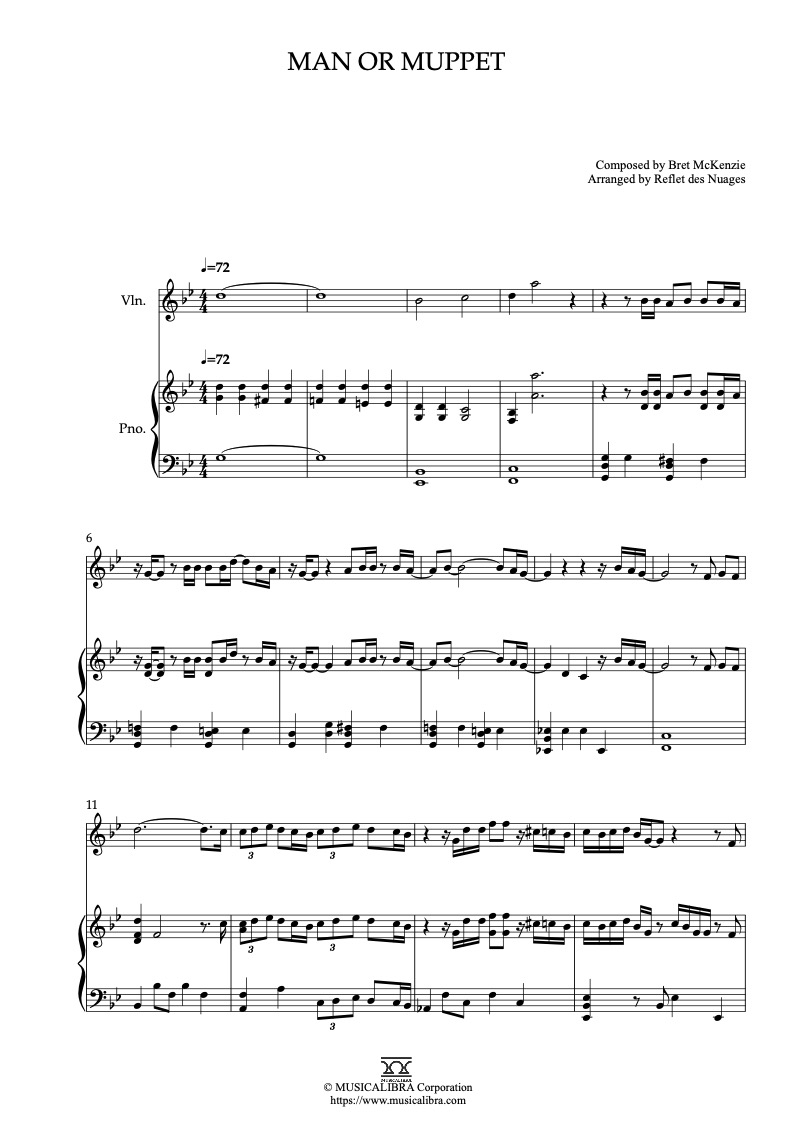 Sheet music of The Muppets Man or Muppet arranged for violin and piano duet chamber ensemble preview page 1