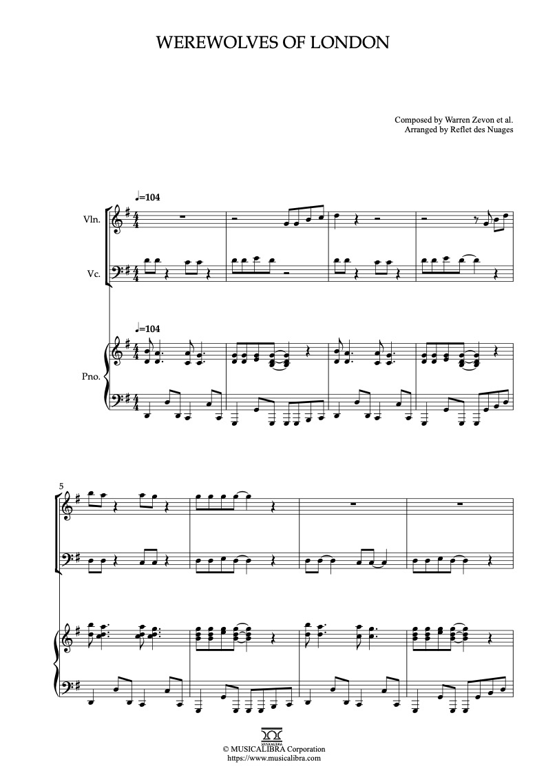 Partitura de Warren Zevon Werewolves of London arreglada para trío de violín, violonchelo y piano