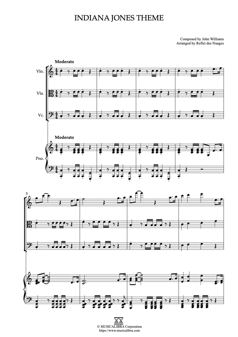 Indiana Jones Theme 四重奏 乐谱 - 小提琴, 中提琴, 大提琴, 钢琴