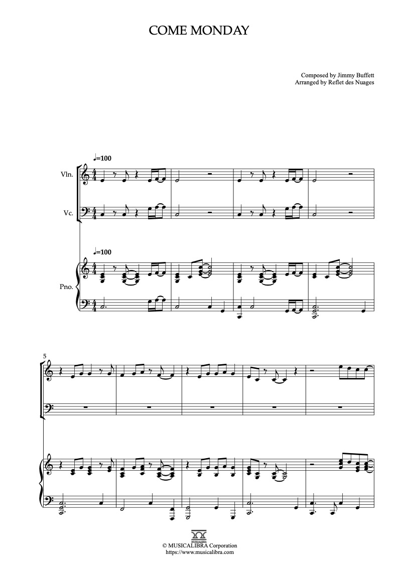 Partitura de Jimmy Buffett Come Monday arreglada para trío de violín, violonchelo y piano