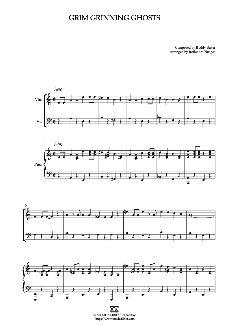 Partitura de Grim Grinning Ghosts arreglada para trío de violín, violonchelo y piano