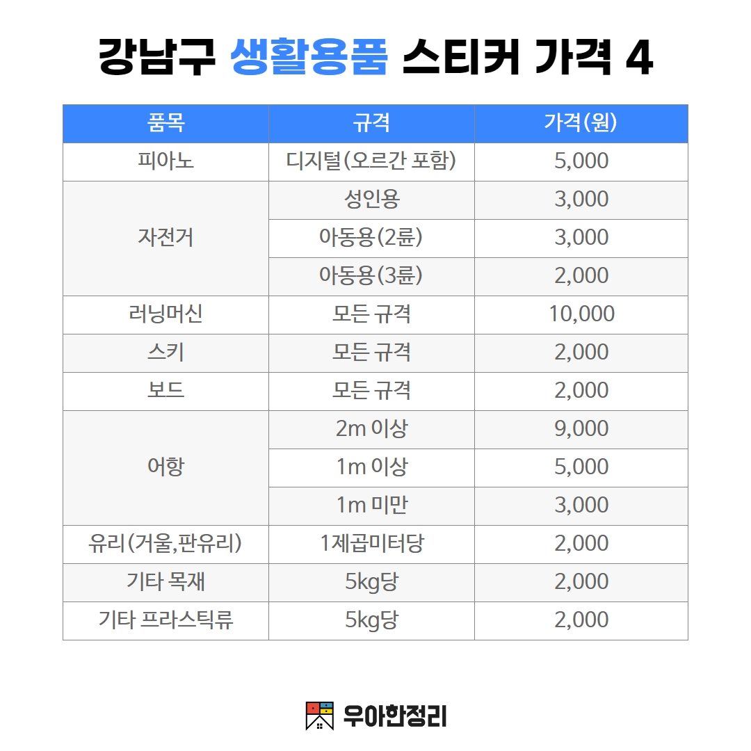 우아한정리 강남구 생활용품 폐기물 스티커 가격 - 피아노 자전거 러닝머신 스키 보드 어항 유리 목재