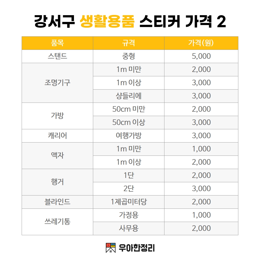 우아한정리 강서구 생활용품 폐기물스티커 가격 - 스탠드 조명기구 가방 캐리어 액자 행거 블라인드