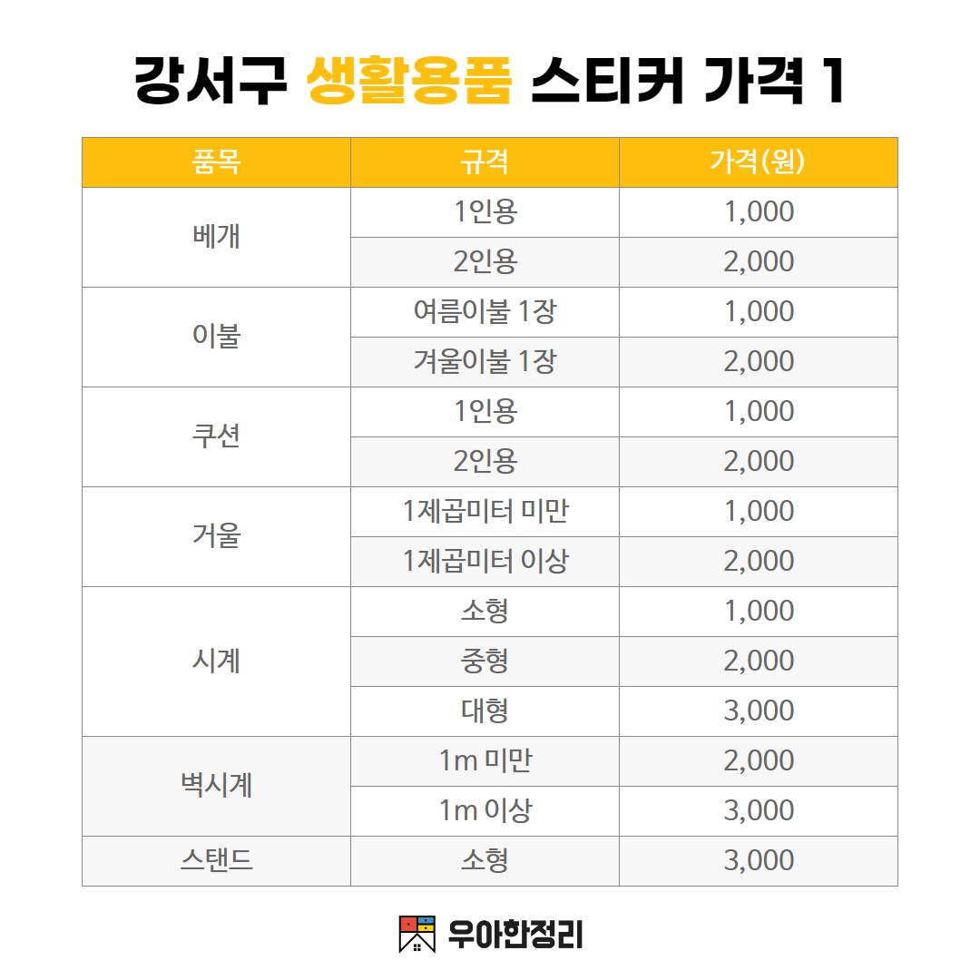 우아한정리 강서구 생활용품 폐기물스티커 가격 - 베개 이불 쿠션 거울 시계 벽시계 스탠드