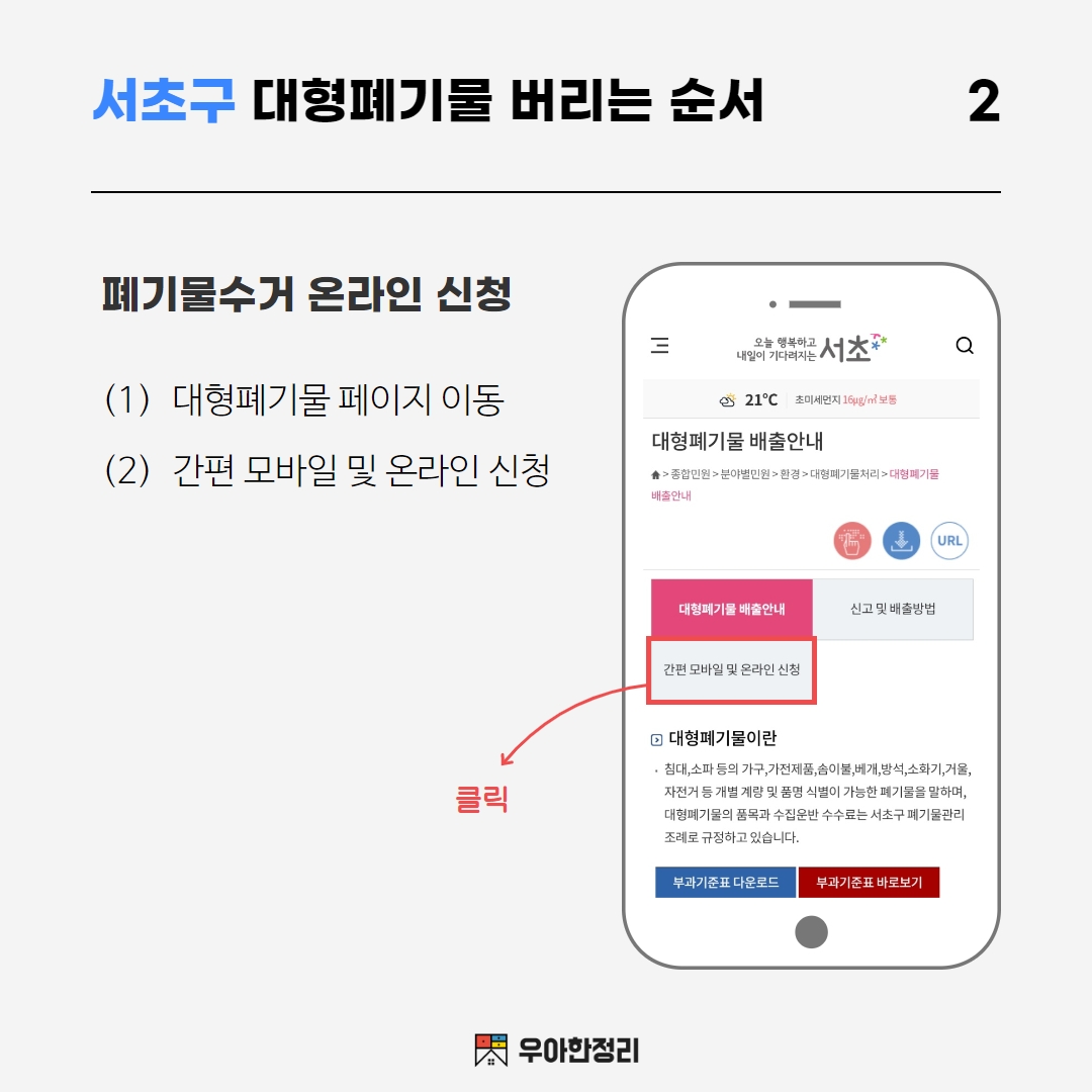 서초구 대형폐기물 수거 온라인 신청 버튼 클릭 우아한정리