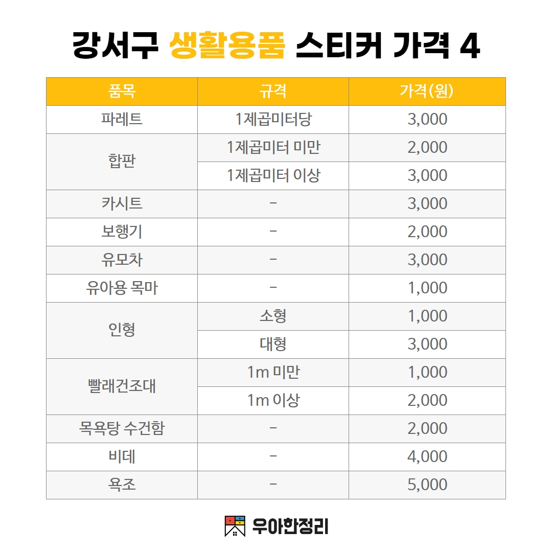 우아한정리 강서구 생활용품 폐기물스티커 가격 - 파레트 합판 카시트 보행기 유모차 인형 빨래건조대