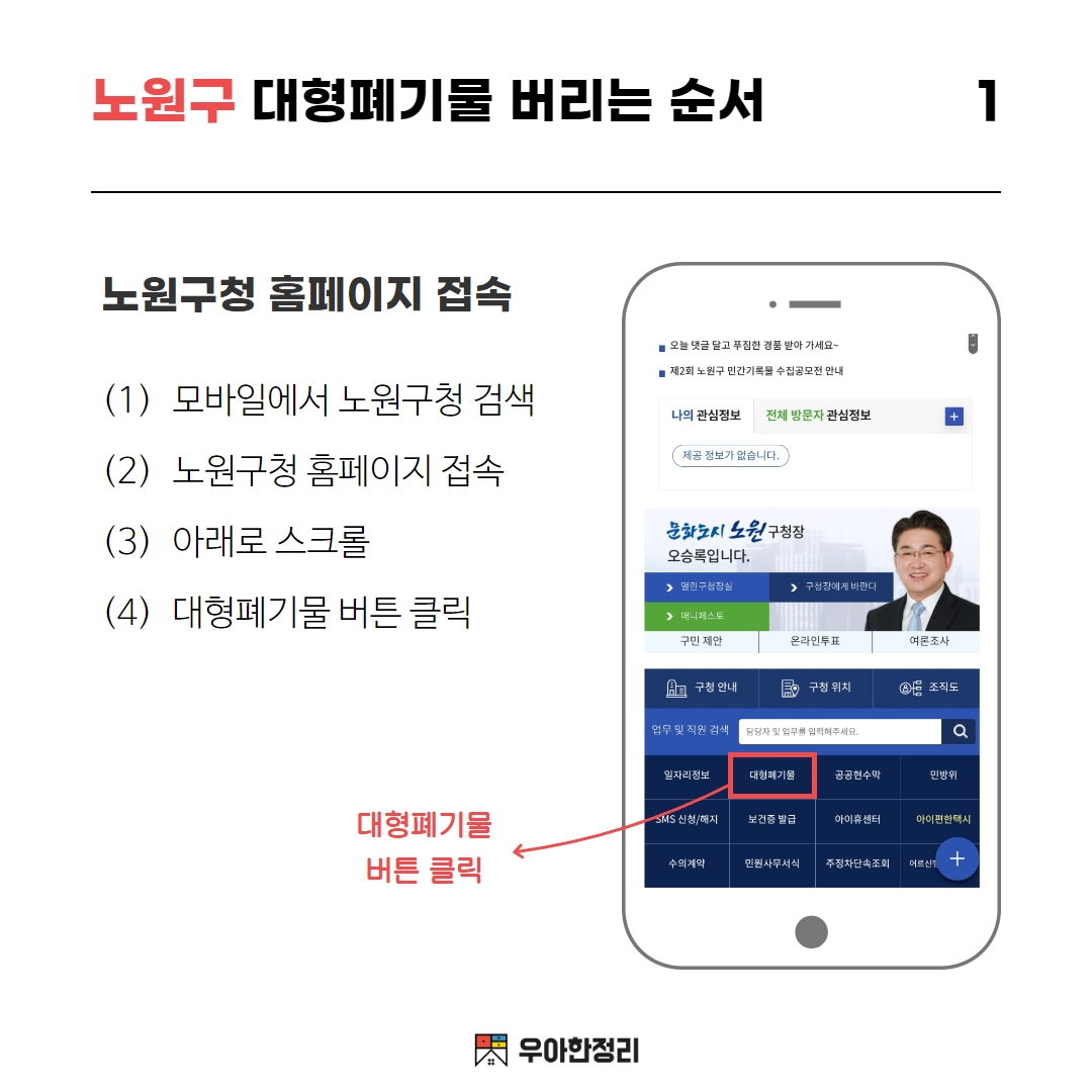 노원구청 홈페이지 대형폐기물 버튼 클릭 우아한정리