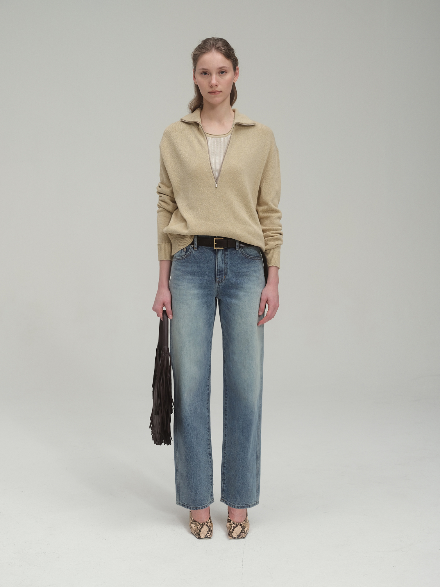 Half zip sweater and tank top set_Sand Beige