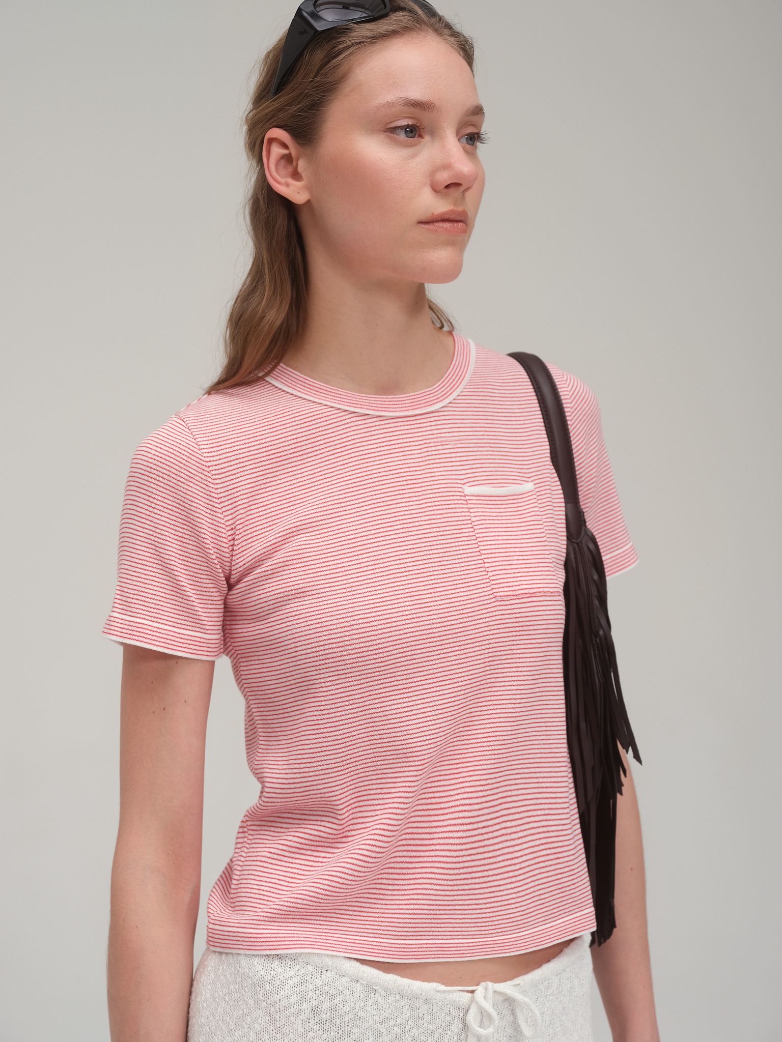 Viscose Stripe Knit T Shirt_Red