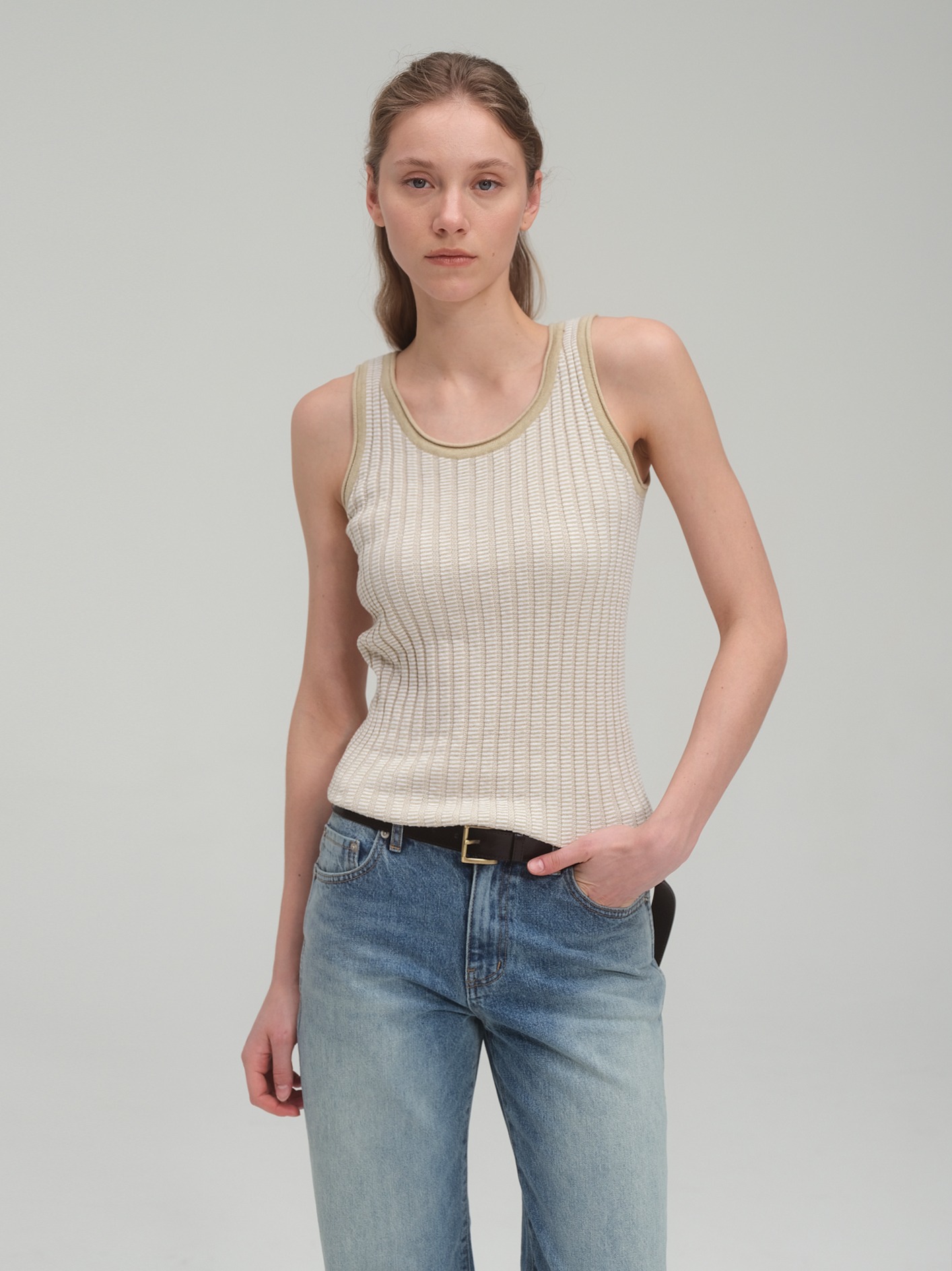 Half zip sweater and tank top set_Sand Beige