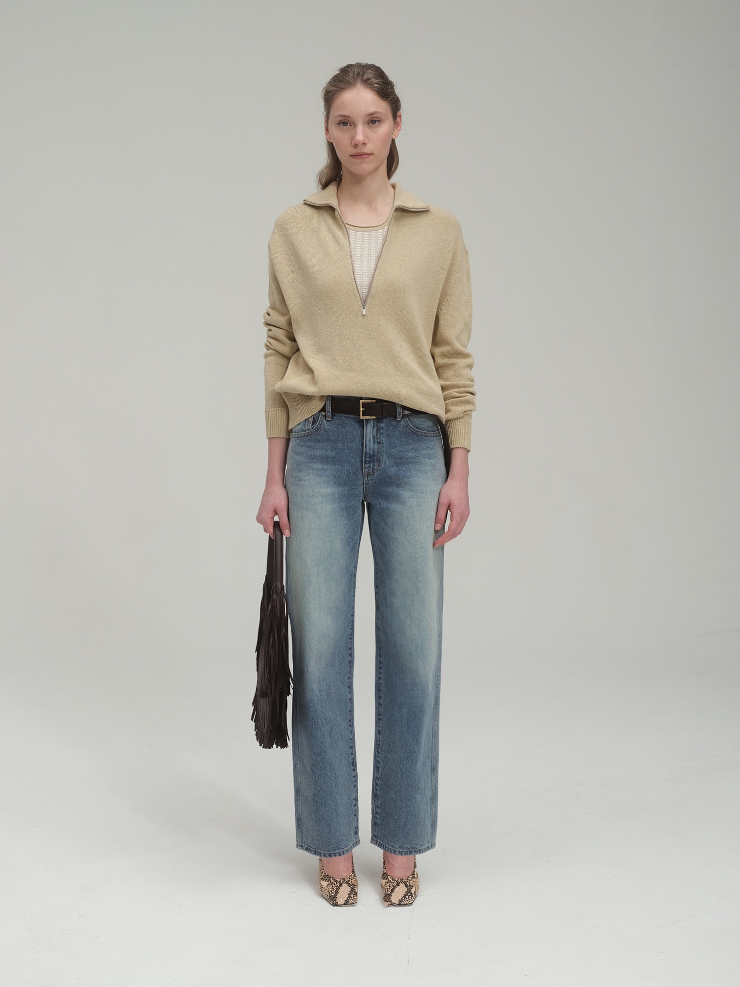 Half zip sweater and tank top set_Sand Beige