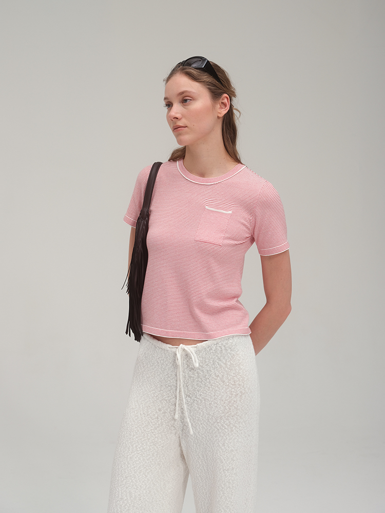Viscose Stripe Knit T Shirt_Red