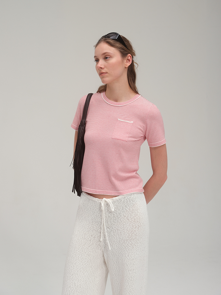 Viscose Stripe Knit T Shirt_Red