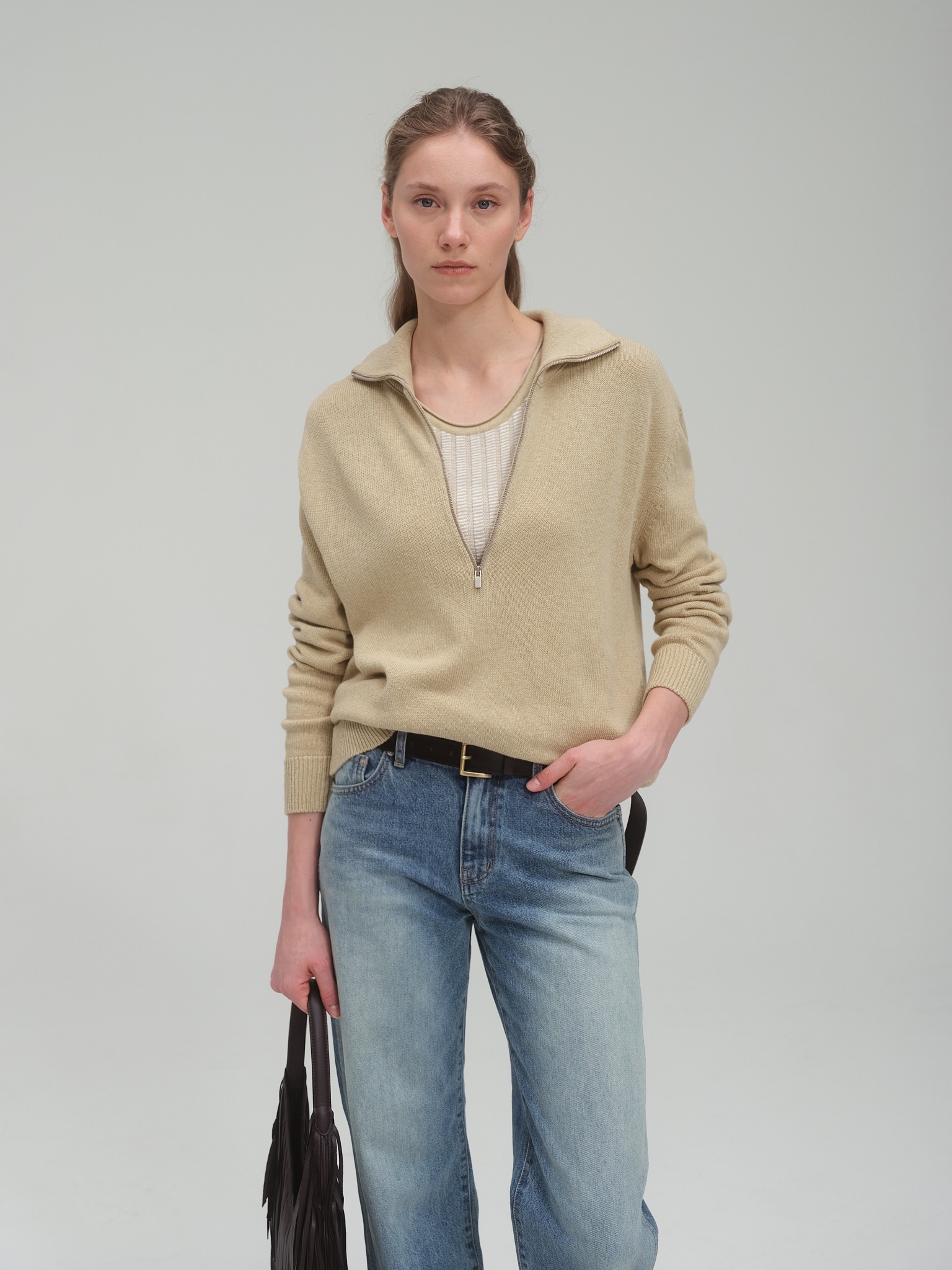 Half zip sweater and tank top set_Sand Beige