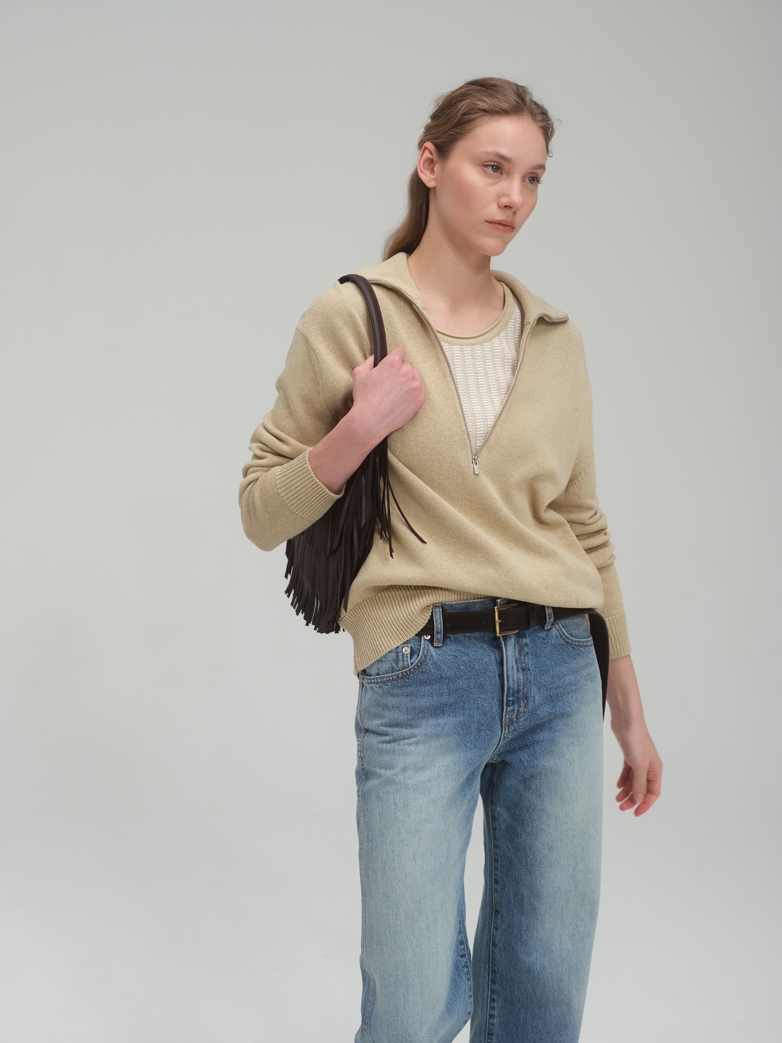 Half zip sweater and tank top set_Sand Beige