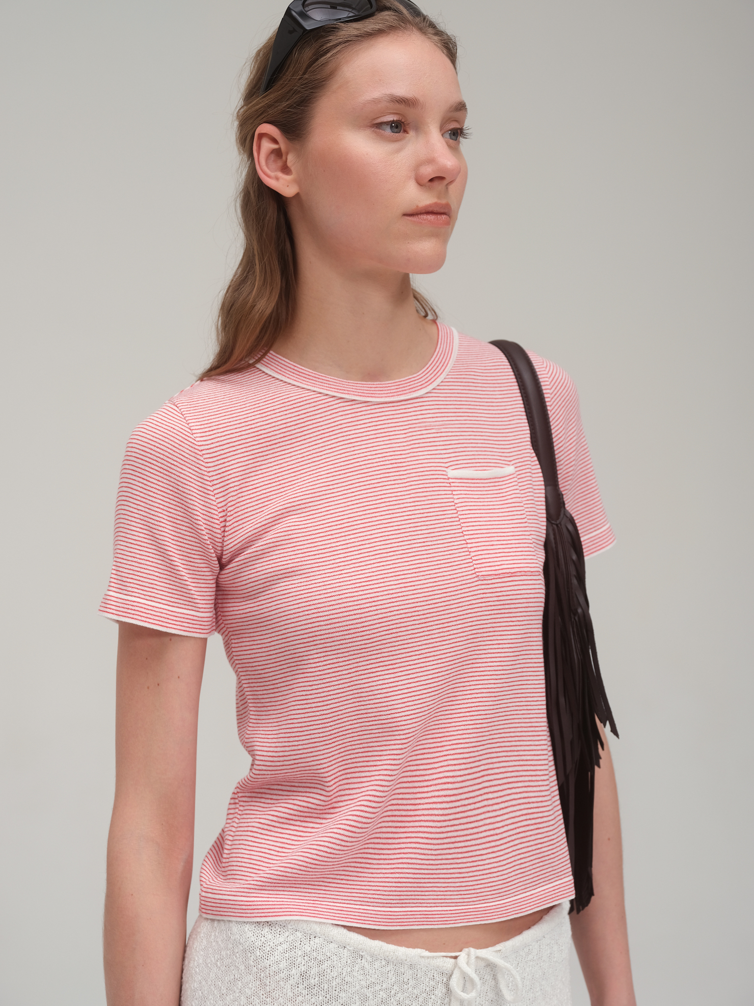 Viscose Stripe Knit T Shirt_Red