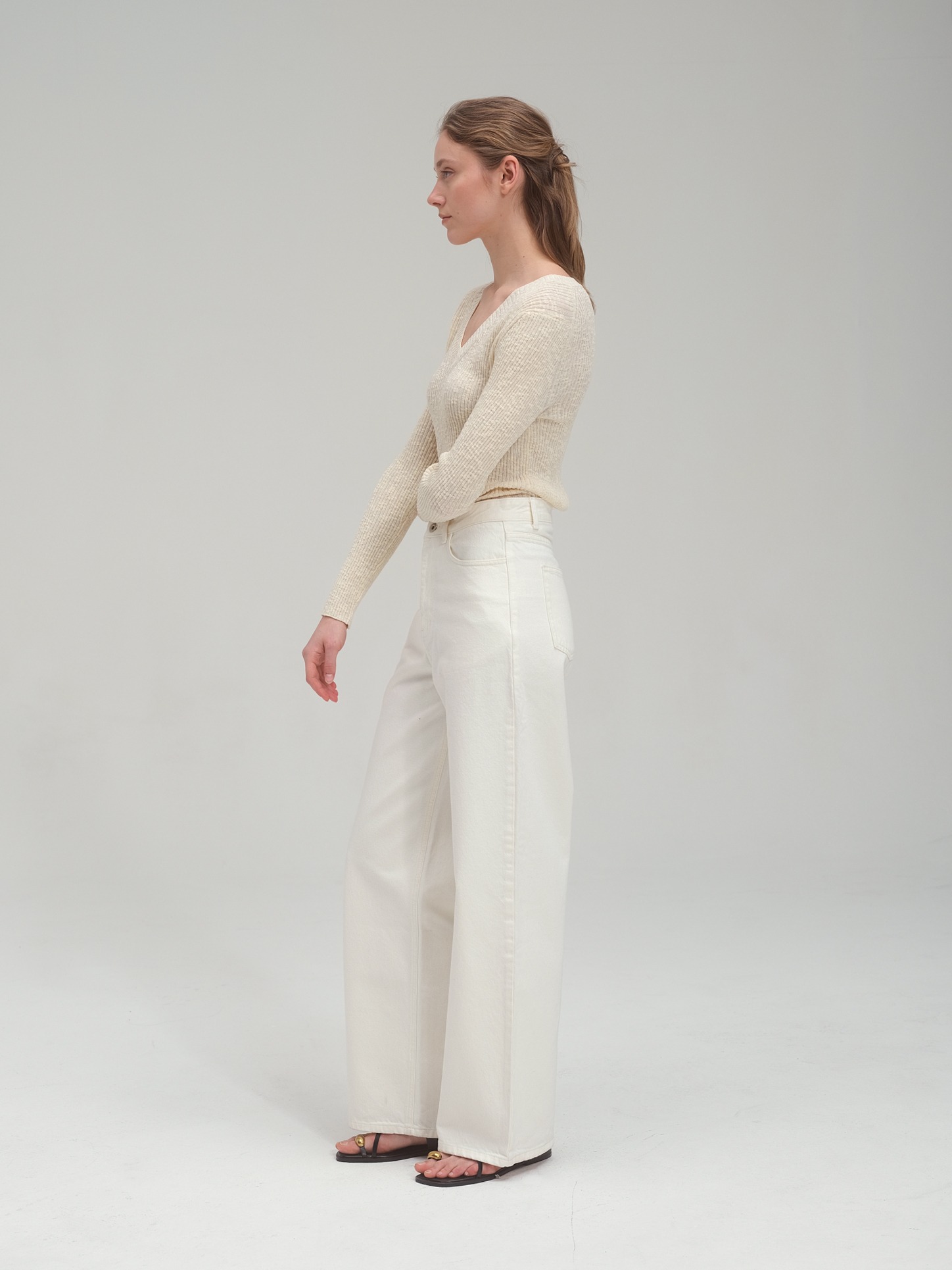 Ribbed Summer V Neck Sweater in Cotton & Linen_Black