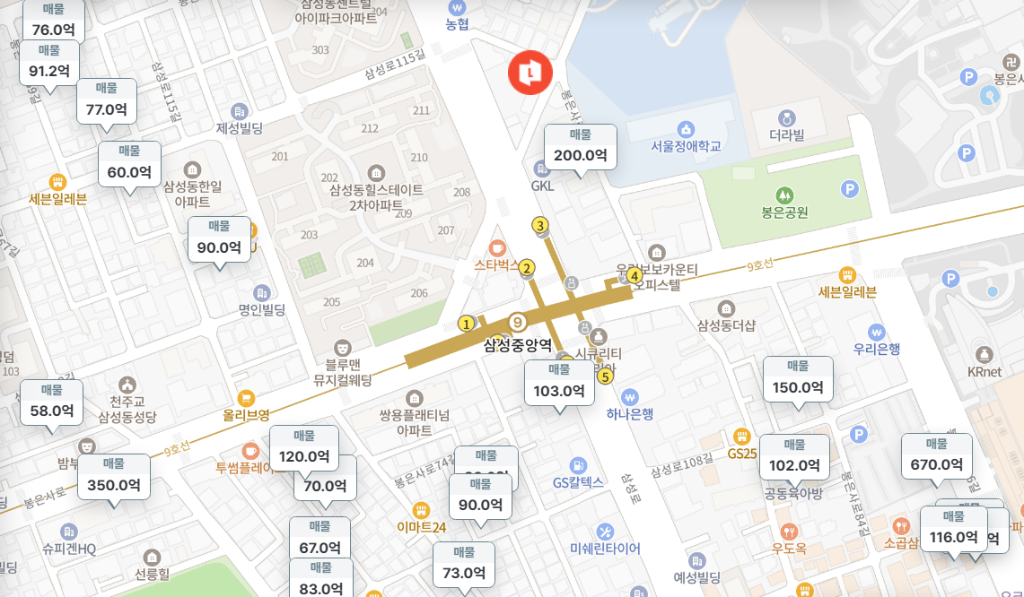 강남구 삼성동 9호선 삼성중앙역 인근 부동산 매물 분석 리포트