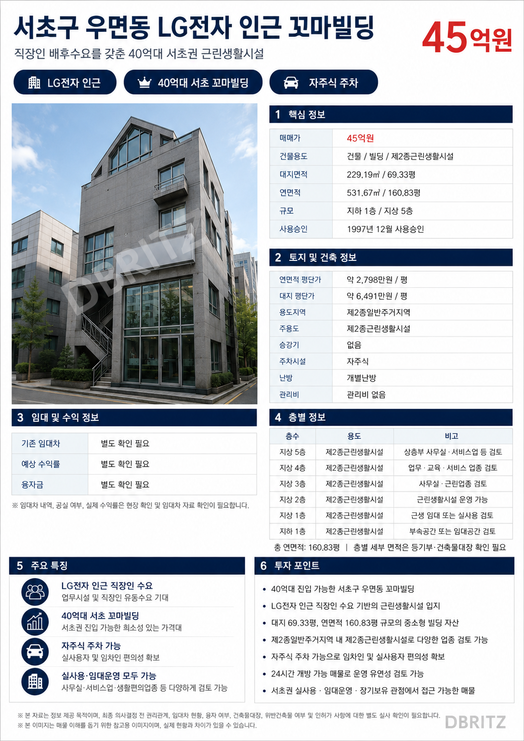 서초구 우면동 LG전자 인근 꼬마빌딩 - 45억