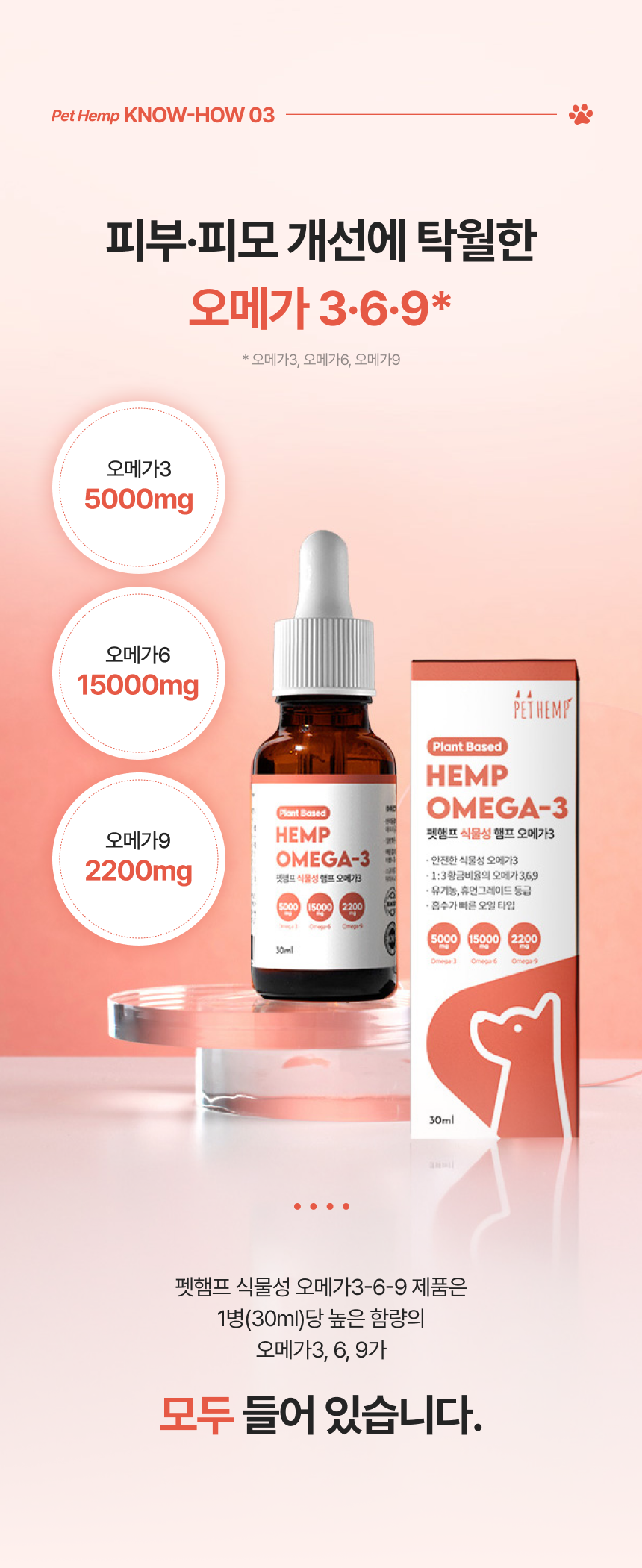 펫햄프 식물성 오메가3·6·9 햄프 오일 30ml - 강아지 고양이 염증 피모 피부 개선 털 모질 심장 면역 비건 영양제