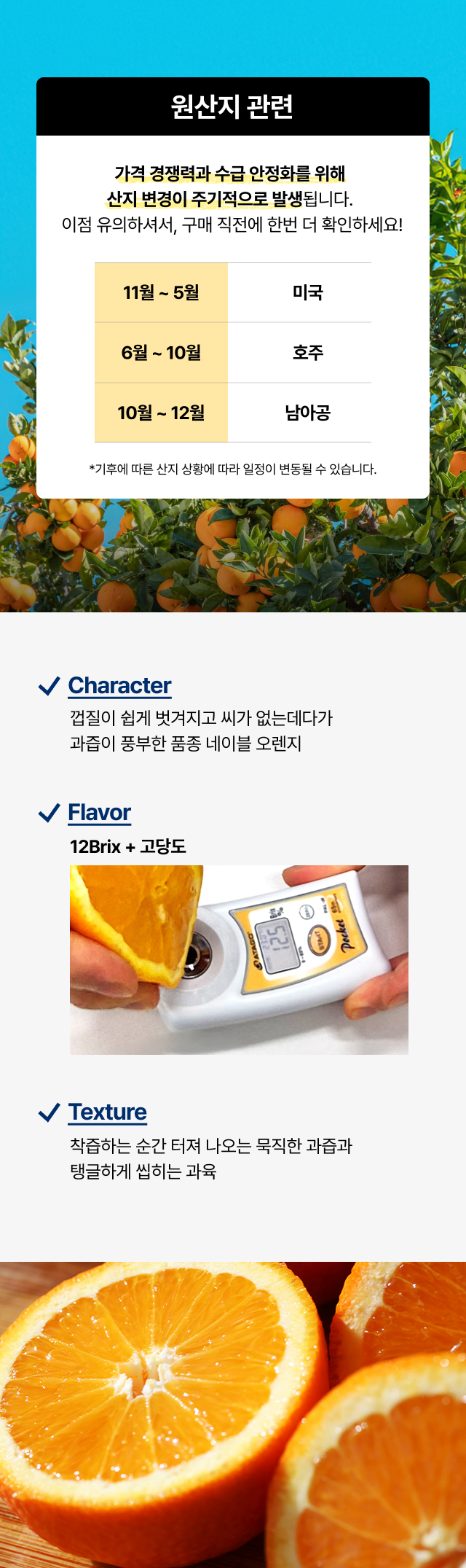 미국 호주 남아공 시즌별 오렌지 원산지 정보 및 씨 없는 네이블 오렌지 당도 측정 데이터