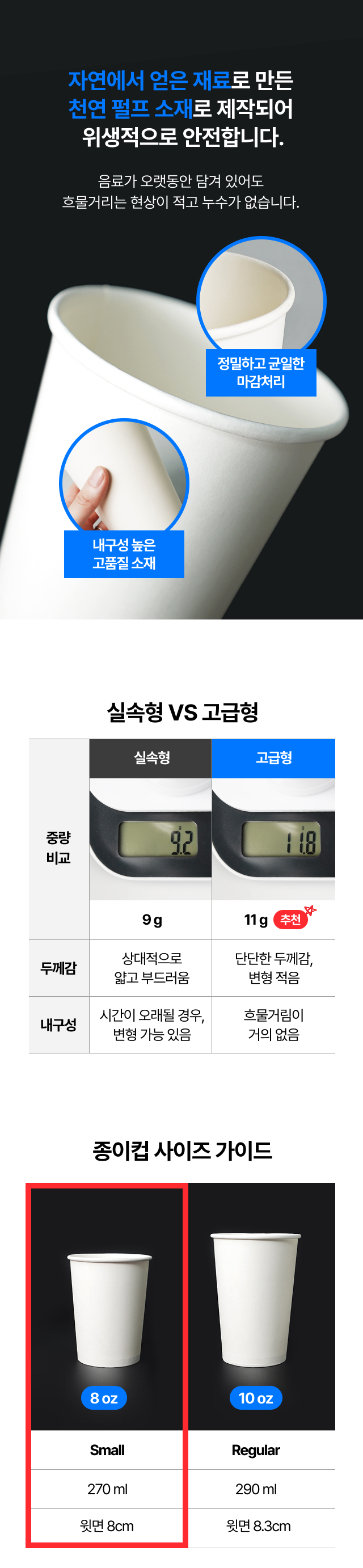 고급 8온스 종이컵 비교 이미지 — 실속형 대비 두꺼운 11g, 변형 적고 내구성 좋은 높은 카페 전용 종이컵