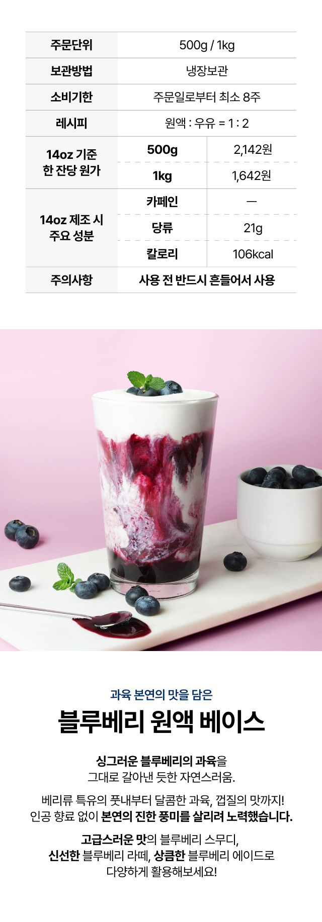 카페 업소용 블루베리 원액 베이스 500g 1kg 상세 스펙표, 냉장 보관 및 유통기한 정보와 12oz 기준 한 잔 원가 마진 분석 가이드