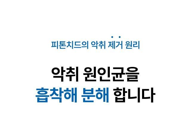 피톤치드가 매장 악취 원인균을 흡착·분해해 냄새의 뿌리를 제거한다는 탈취
   스프레이 작동 원리를 설명하는 텍스트 이미지