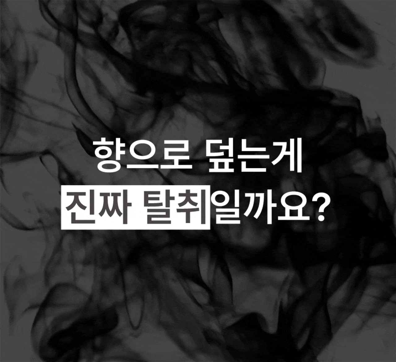 검은 연기 배경 위 '향으로 덮는 게 진짜 
  탈취일까요' 문구로 기존 카페 방향제의 한계를 지적하며 피톤치드 탈취를 예고하는 도입 이미지