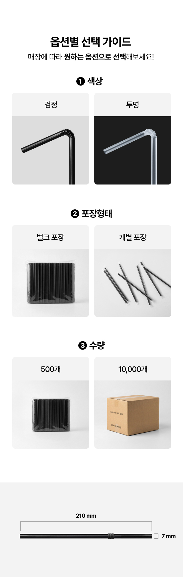 자바라 빨대 구매 옵션 선택 가이드. 색상(검정, 투명), 포장 형태(벌크형, 개별 비닐 포장형), 수량(500개 소포장, 10,000개 박스)별 실제 제품 사진과 길이 210mm 상세 이미지.