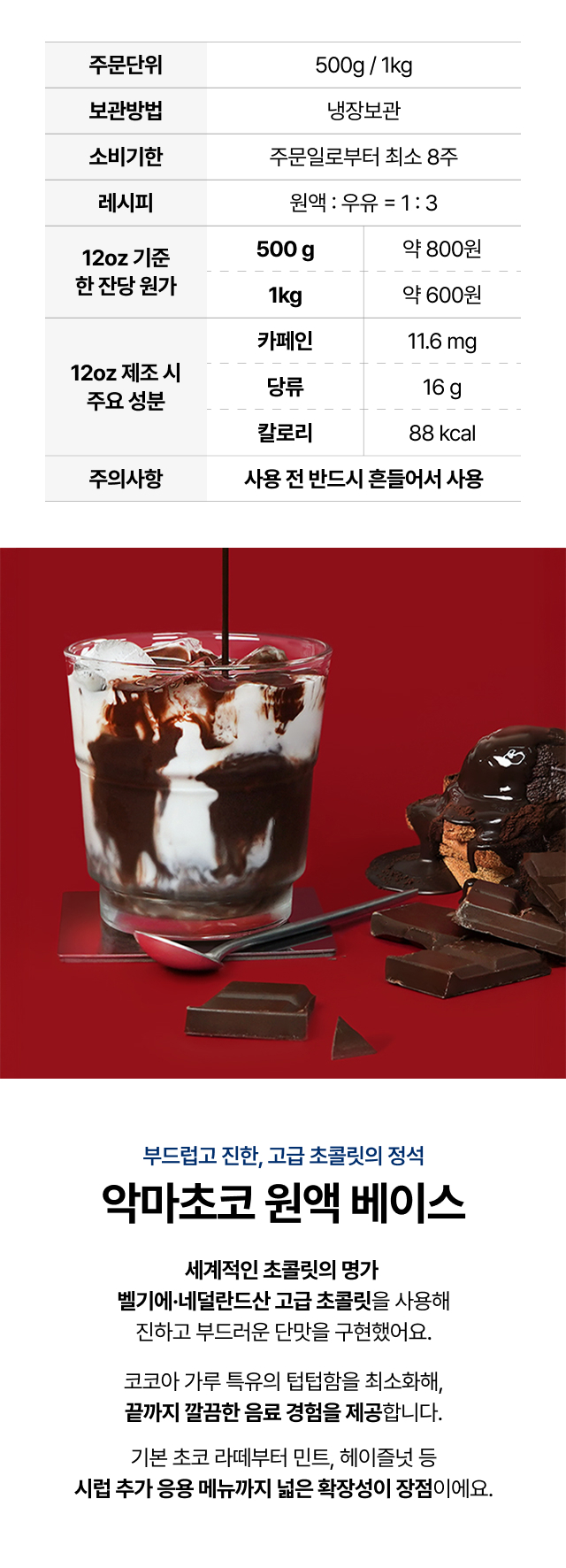 악마초코 원액 베이스의 주문 단위, 보관 방법, 소비기한, 레시피 비율, 잔당 원가, 12온스 기준 주요 성분을 표로 정리한 안내 이미지