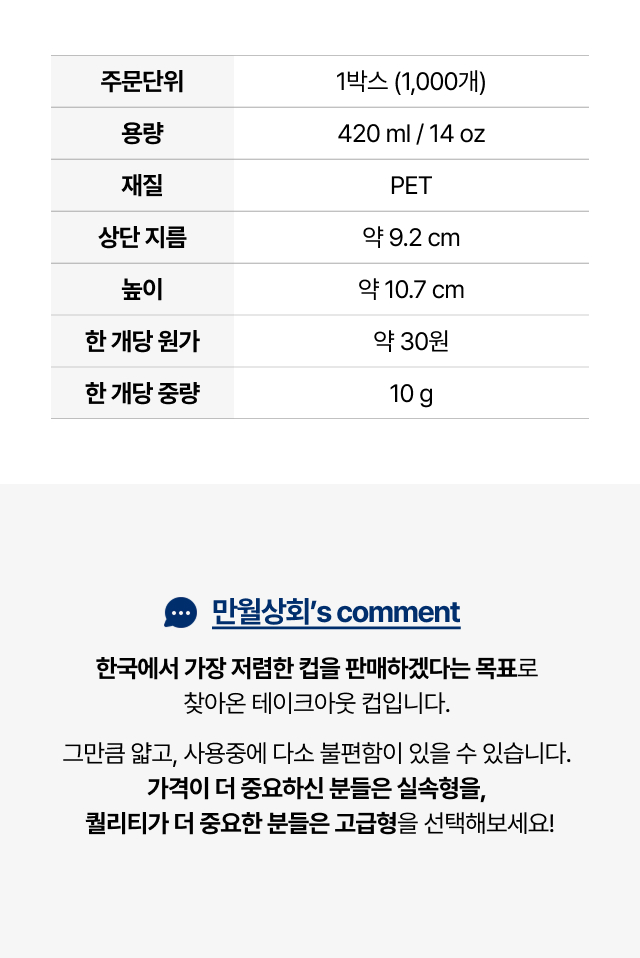 실속형 14온스 아이스컵 스펙표 — 420ml, PET재질, 10g 경량, 저렴한 단가로 행사·테이크아웃에 많이 쓰는 카페용 아이스컵