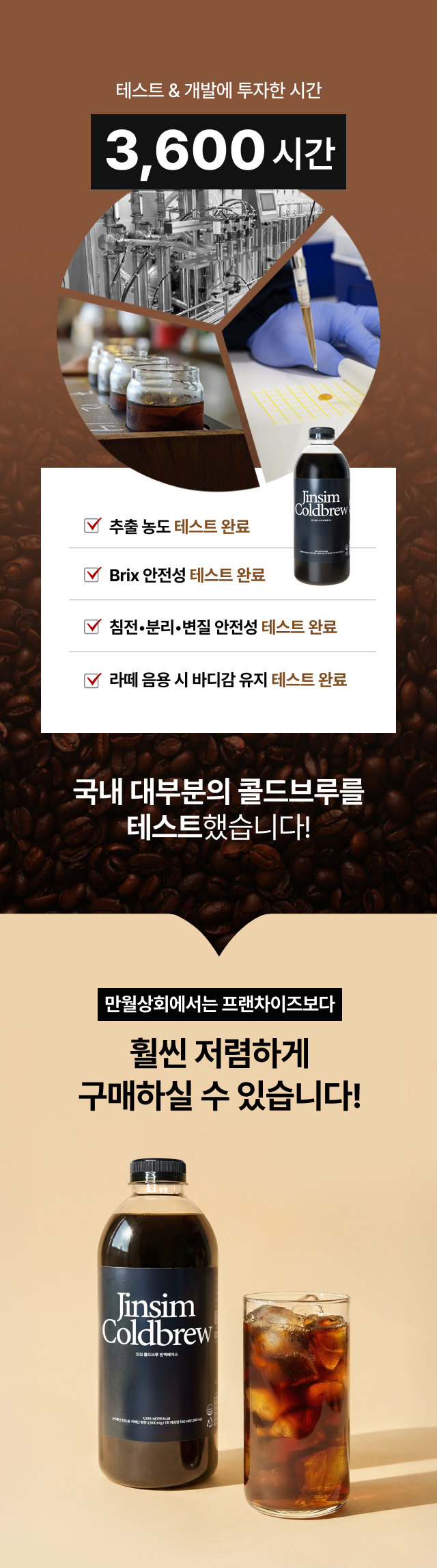 3,600시간의 테스트와 개발 투자를 통해 탄생한 콜드브루, 추출 농도, Brix, 안전성, 라떼 바디감 유지 등 철저한 품질 테스트 완료 내역, 프랜차이즈보다 훨씬 저렴하게 구매 가능한 가성비 베이스