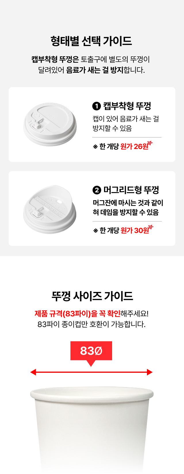 카페 테이크아웃 종이컵 뚜껑 종류 비교, 음료 샘 방지 캡부착형과 머그리드형 차이 및 83파이 종이컵 호환 사이즈 가이드