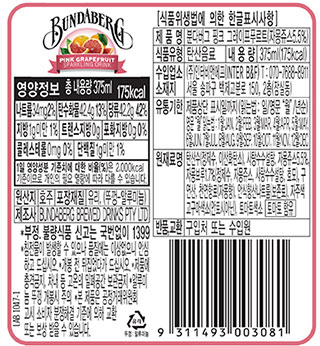 분다버그 핑크자몽 영양정보 및 한글 표시사항 라벨, 375ml 용량 및 175kcal 열량 정보, 원재료명 및 유통기한 확인