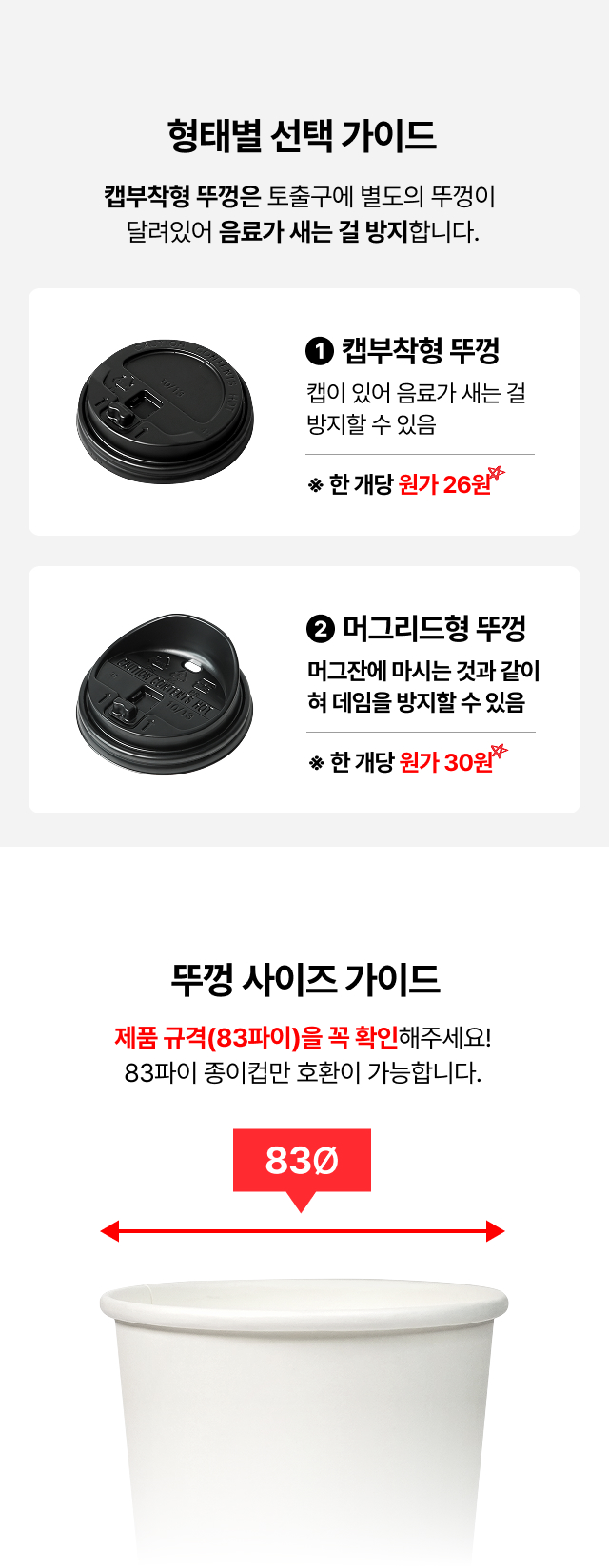 카페 테이크아웃 종이컵 뚜껑 종류 비교, 음료 샘 방지 캡부착형과 머그리드형 차이 및 83파이 종이컵 호환 사이즈 가이드